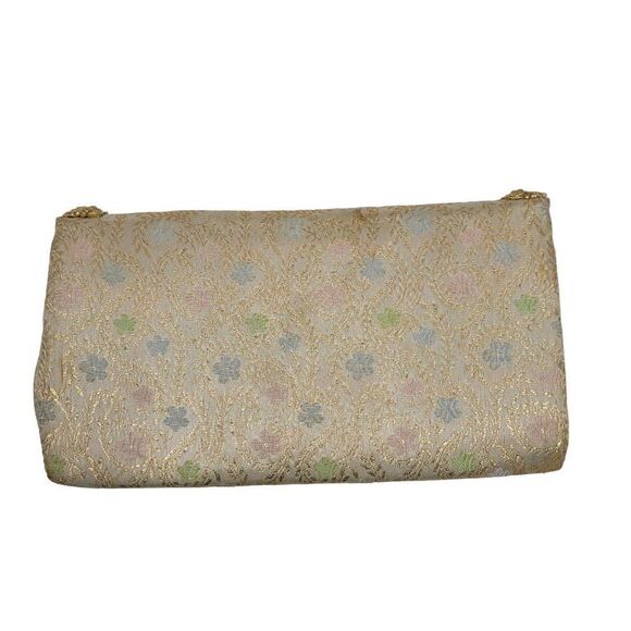 Vintage 60's Majestic Clutch Formal Metallic Gold Brocade Jacquard Pastel Floral - Picture 3 of 12